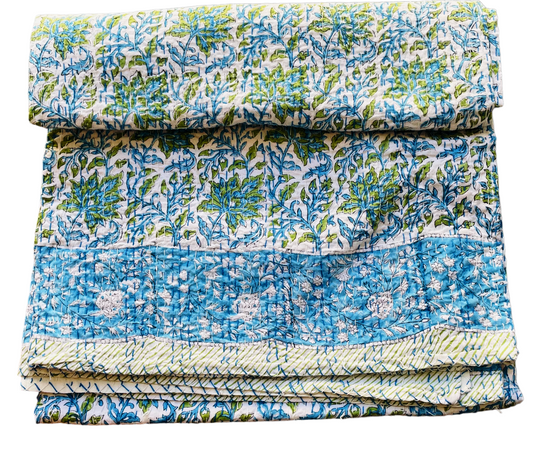 Handmade Cotton Kantha Bedspread Quilt Handmade Throw Blanket Gudari Traditional block Printed