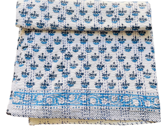 Handmade Cotton Kantha Bedspread Quilt Handmade Throw Blanket Gudari Traditional block Printed