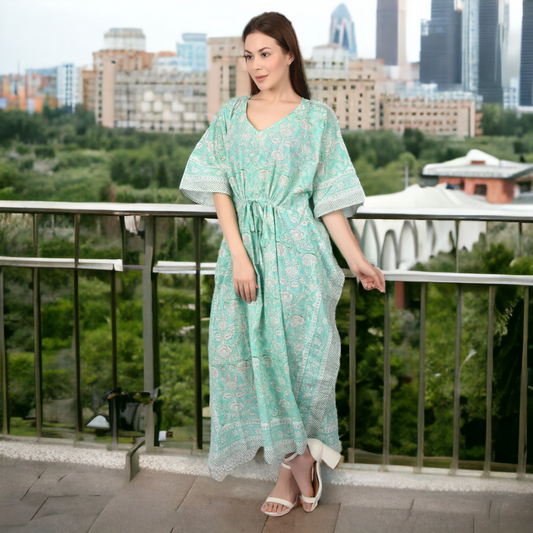 Hand Block Print Cotton Caftans For Women Free Size Vintage traditonal art Maxi gown sleepwear Night gown Kaftan dress