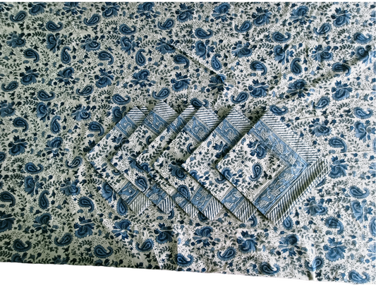 Indian Hand Block Traditional Printed Tablecloth Handmade Cotton Floral 6 Seater Tabletop Decorative for Dinning Table 60 * 90 Inches with Nepkins
