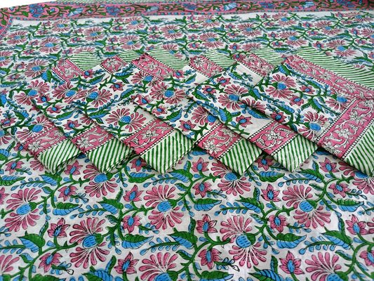 Indian Hand Block Traditional Printed Tablecloth Handmade Cotton Floral 6 Seater Tabletop Decorative for Dinning Table 60 * 90 Inches with Nepkins
