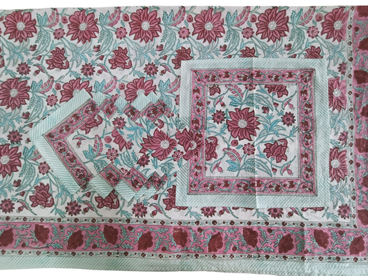 Indian Hand Block Traditional Printed Tablecloth Handmade Cotton Floral 6 Seater Tabletop Decorative for Dinning Table 60 * 90 Inches with Nepkins