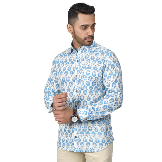 Men's Cotton Shirt Slim Fit Full Sleeves Traditional Block Printed Button Down Skin Friendly Cotton fabric Shirt