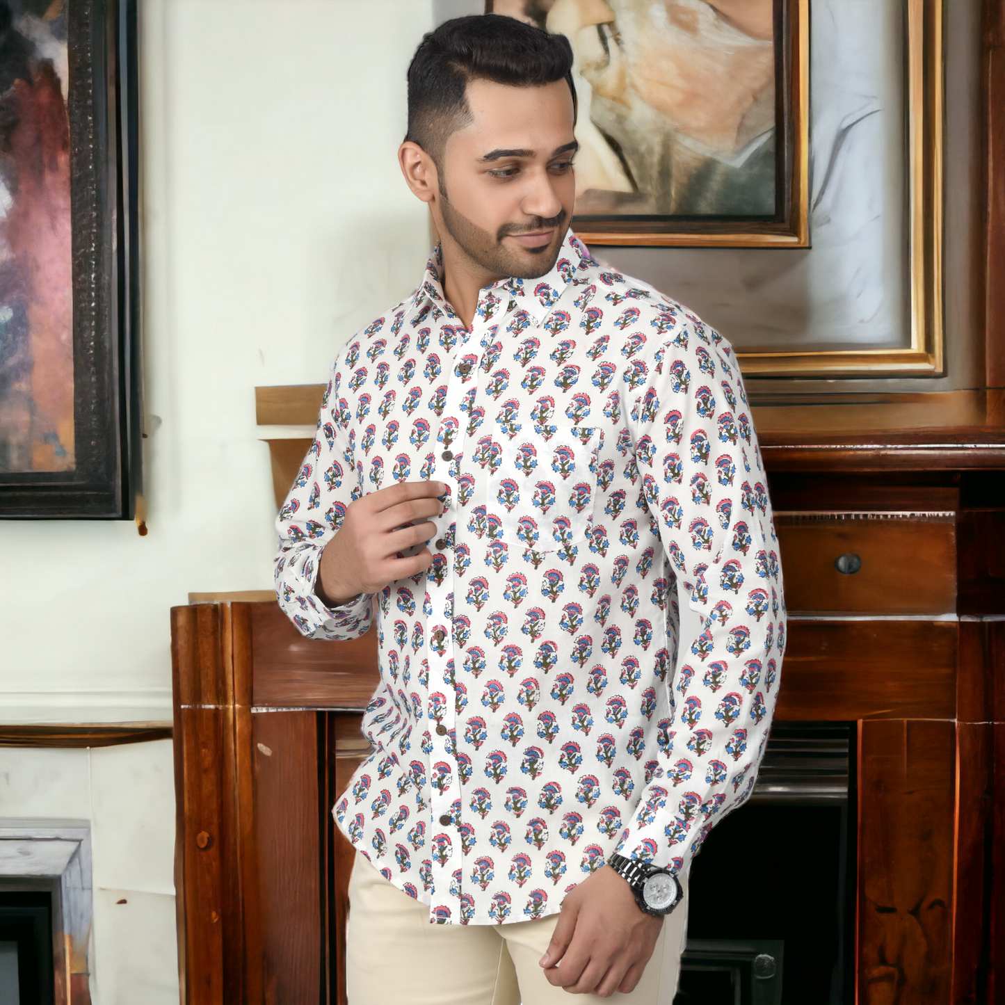 Men's Cotton Shirt Slim Fit Full Sleeves Traditional Block Printed Button Down Skin Friendly Cotton fabric Shirt