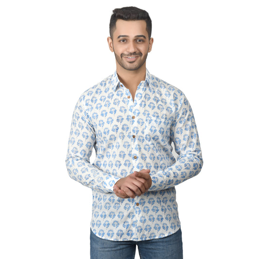 Men's Cotton Shirt Slim Fit Full Sleeves Traditional Block Printed Button Down Skin Friendly Cotton fabric Shirt