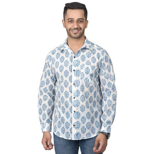 Men's Cotton Shirt Slim Fit Full Sleeves Traditional Block Printed Button Down Skin Friendly Cotton fabric Shirt
