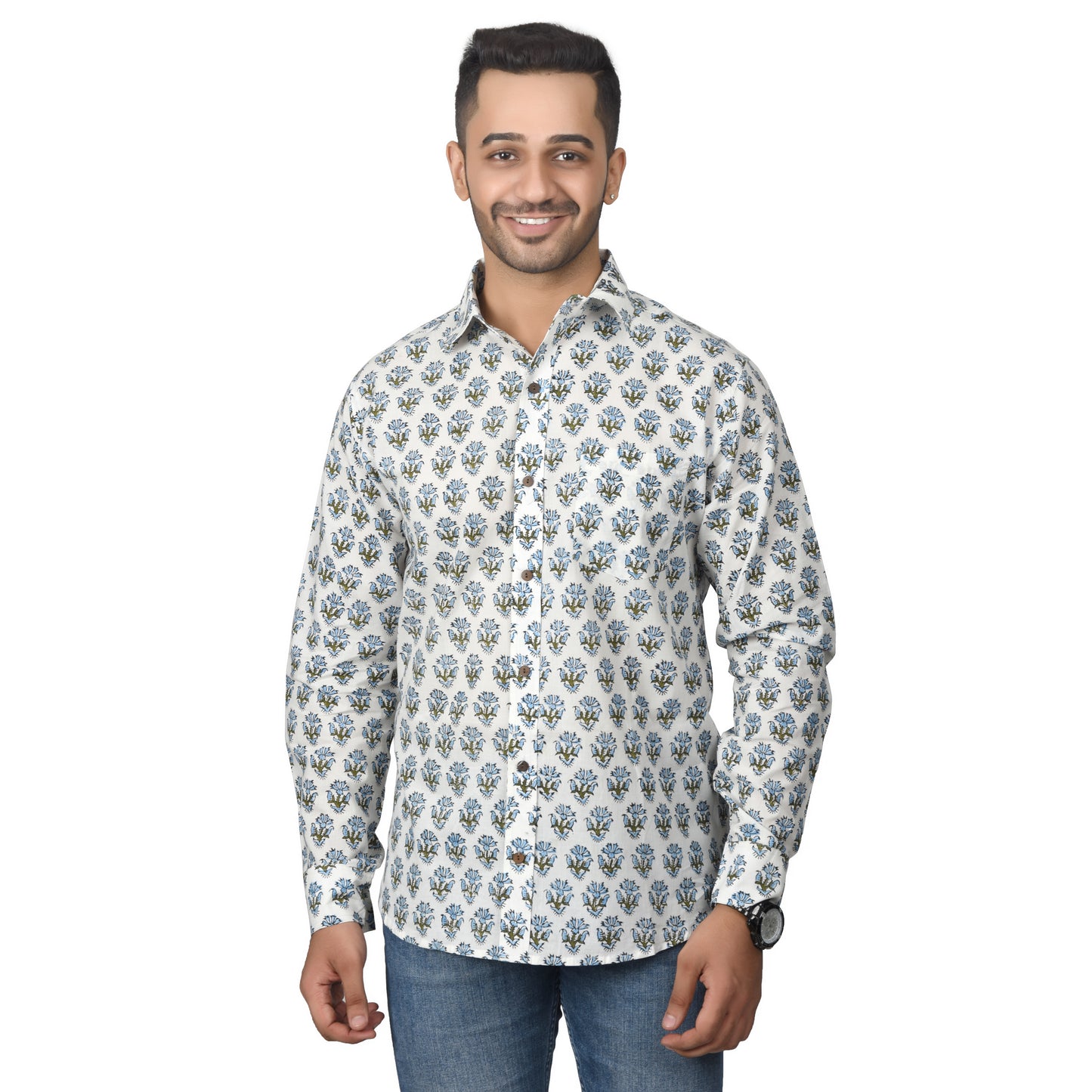 Men's Cotton Shirt Slim Fit Full Sleeves Traditional Block Printed Button Down Skin Friendly Cotton fabric Shirt