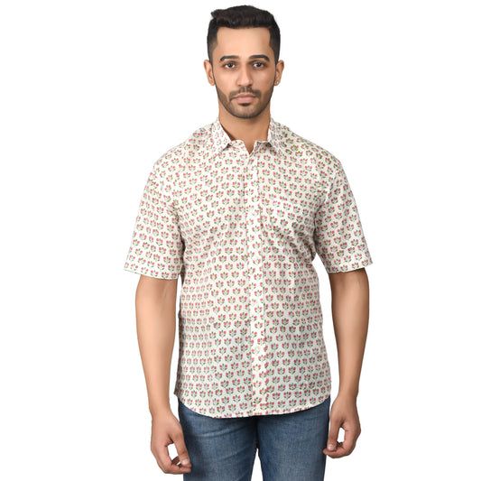 Men's Cotton Half Shirt Slim Fit Half Sleeves Traditional Block Printed Button Down Skin Friendly Cotton fabric Half Shirt