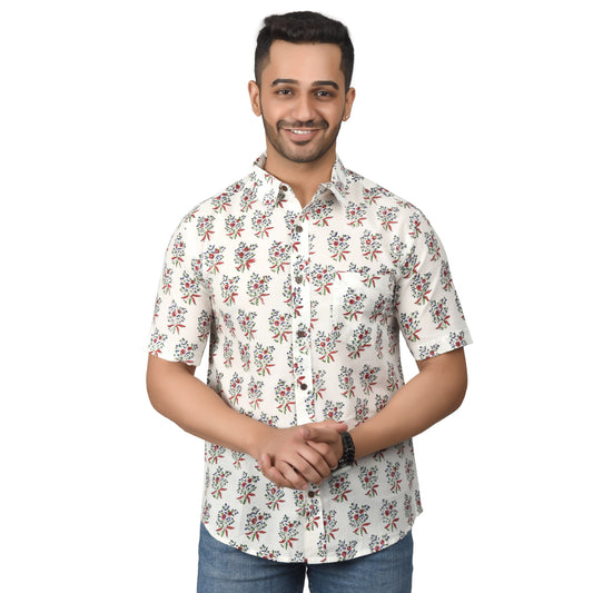 Men's Cotton Half Shirt Slim Fit Half Sleeves Traditional Block Printed Button Down Skin Friendly Cotton fabric Half Shirt