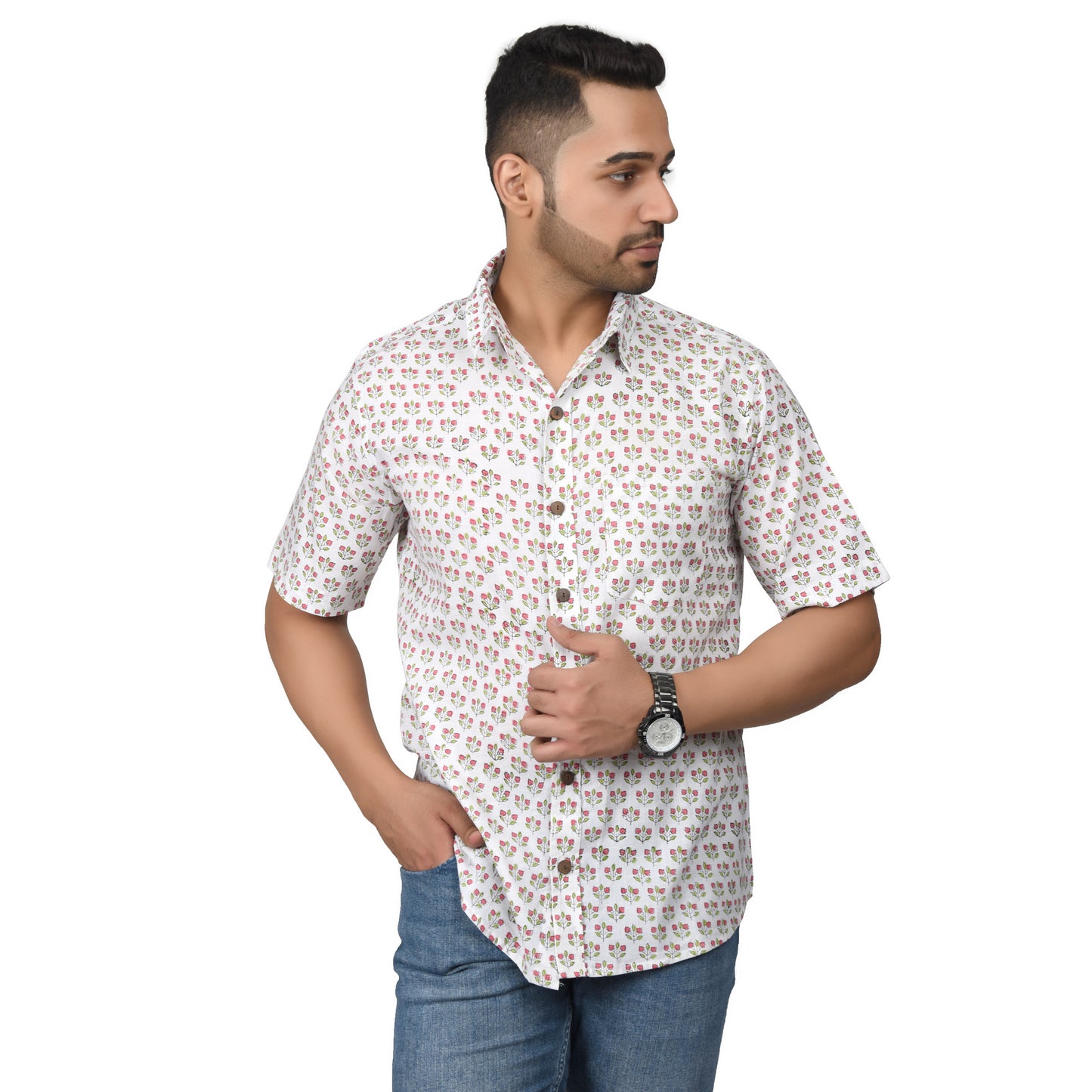 Men's Cotton Half Shirt Slim Fit Half Sleeves Traditional Block Printed Button Down Skin Friendly Cotton fabric Half Shirt