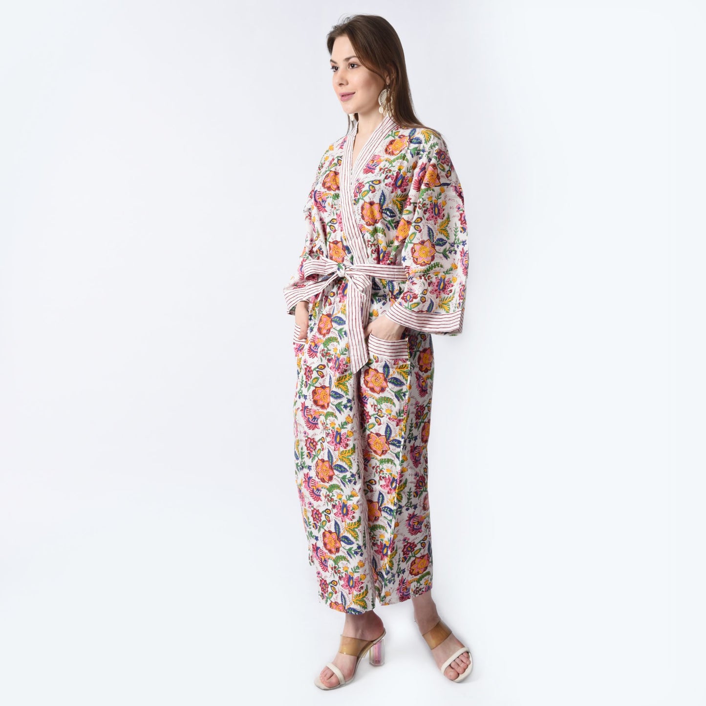 Hand Block Printed Sanganeri Jaipuri Floral Women Casual Kimono Dress Beach wear sleepwear belted dress