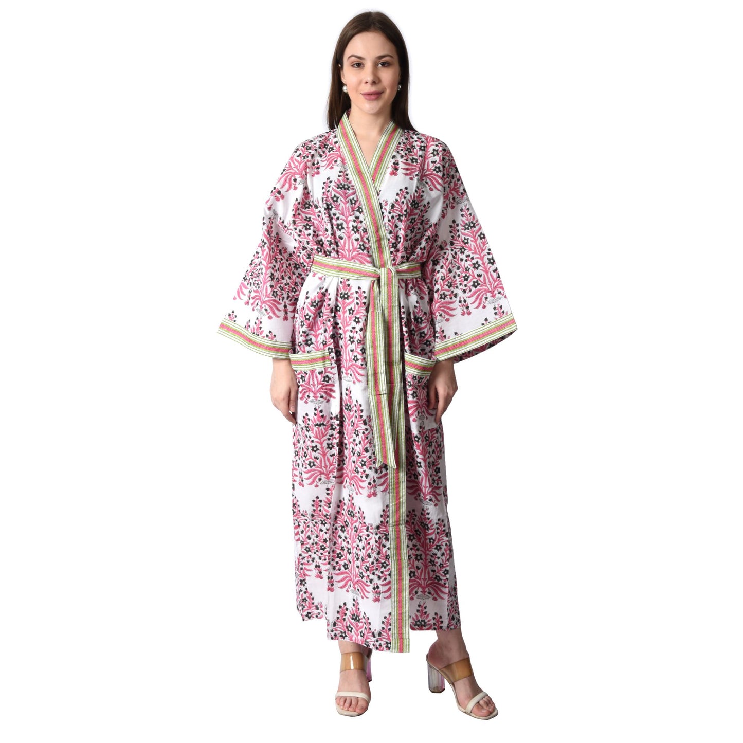 Hand Block Printed Sanganeri Jaipuri Floral Women Casual Kimono Dress Beach wear sleepwear belted dress