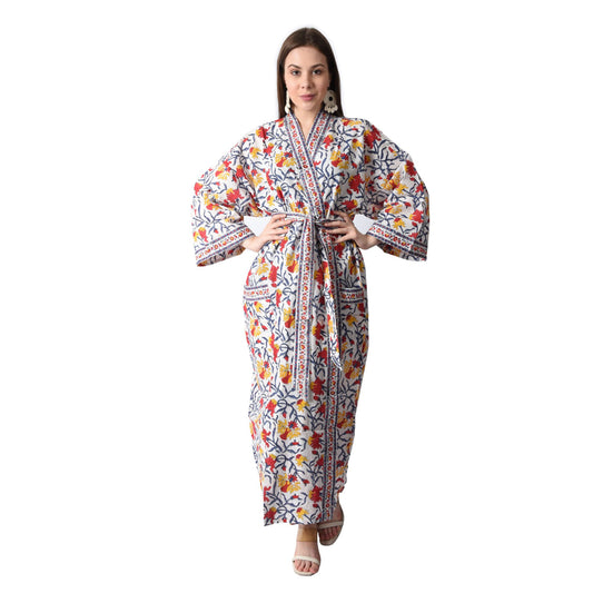 Hand Block Printed Sanganeri Jaipuri Floral Women Casual Kimono Dress Beach wear sleepwear belted dress