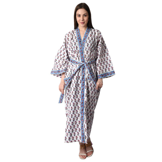 Hand Block Printed Sanganeri Jaipuri Floral Women Casual Kimono Dress Beach wear sleepwear belted dress