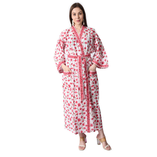 Hand Block Printed Sanganeri Jaipuri Floral Women Casual Kimono Dress Beach wear sleepwear belted dress