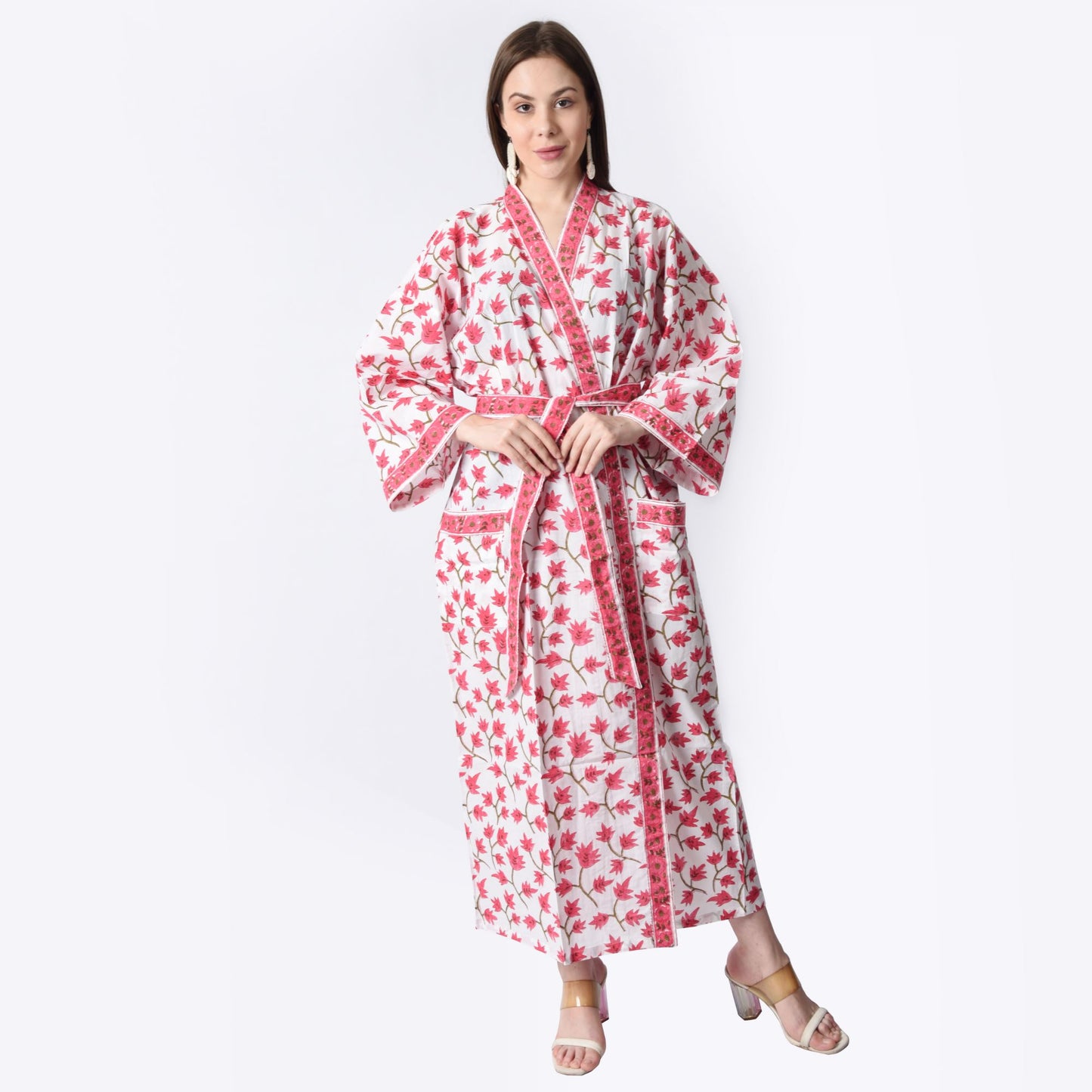 Hand Block Printed Sanganeri Jaipuri Floral Women Casual Kimono Dress Beach wear sleepwear belted dress
