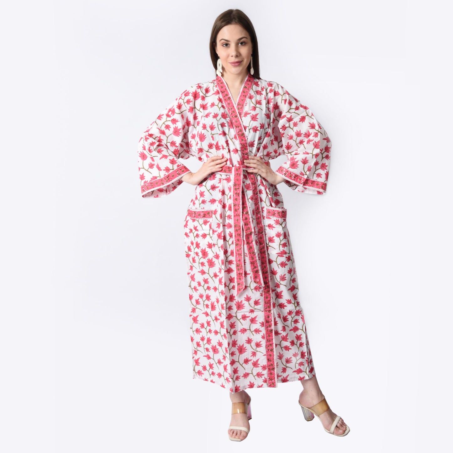 Hand Block Printed Sanganeri Jaipuri Floral Women Casual Kimono Dress Beach wear sleepwear belted dress