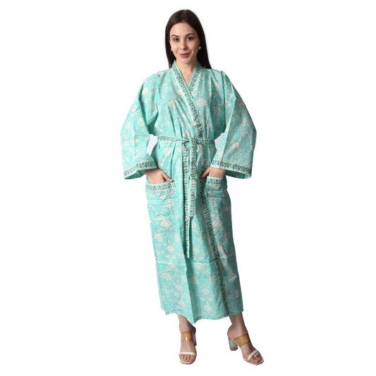 Hand Block Printed Sanganeri Jaipuri Floral Women Casual Kimono Dress Beach wear sleepwear belted dress