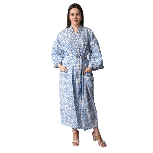 Hand Block Printed Sanganeri Jaipuri Floral Women Casual Kimono Dress Beach wear sleepwear belted dress