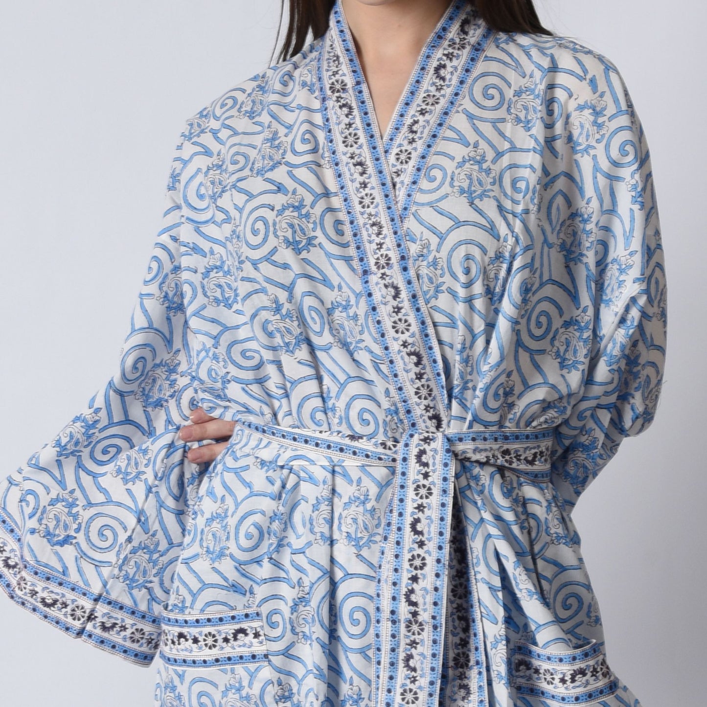Hand Block Printed Sanganeri Jaipuri Floral Women Casual Kimono Dress Beach wear sleepwear belted dress