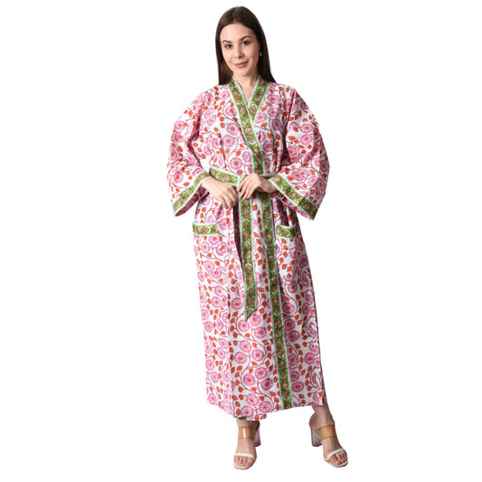Hand Block Printed Sanganeri Jaipuri Floral Women Casual Kimono Dress Beach wear sleepwear belted dress
