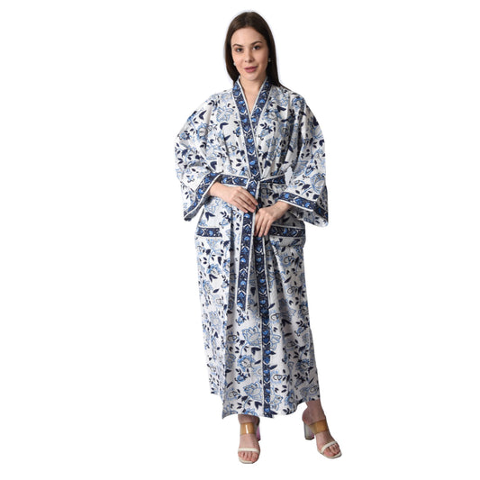 Hand Block Printed Sanganeri Jaipuri Floral Women Casual Kimono Dress Beach wear sleepwear belted dress