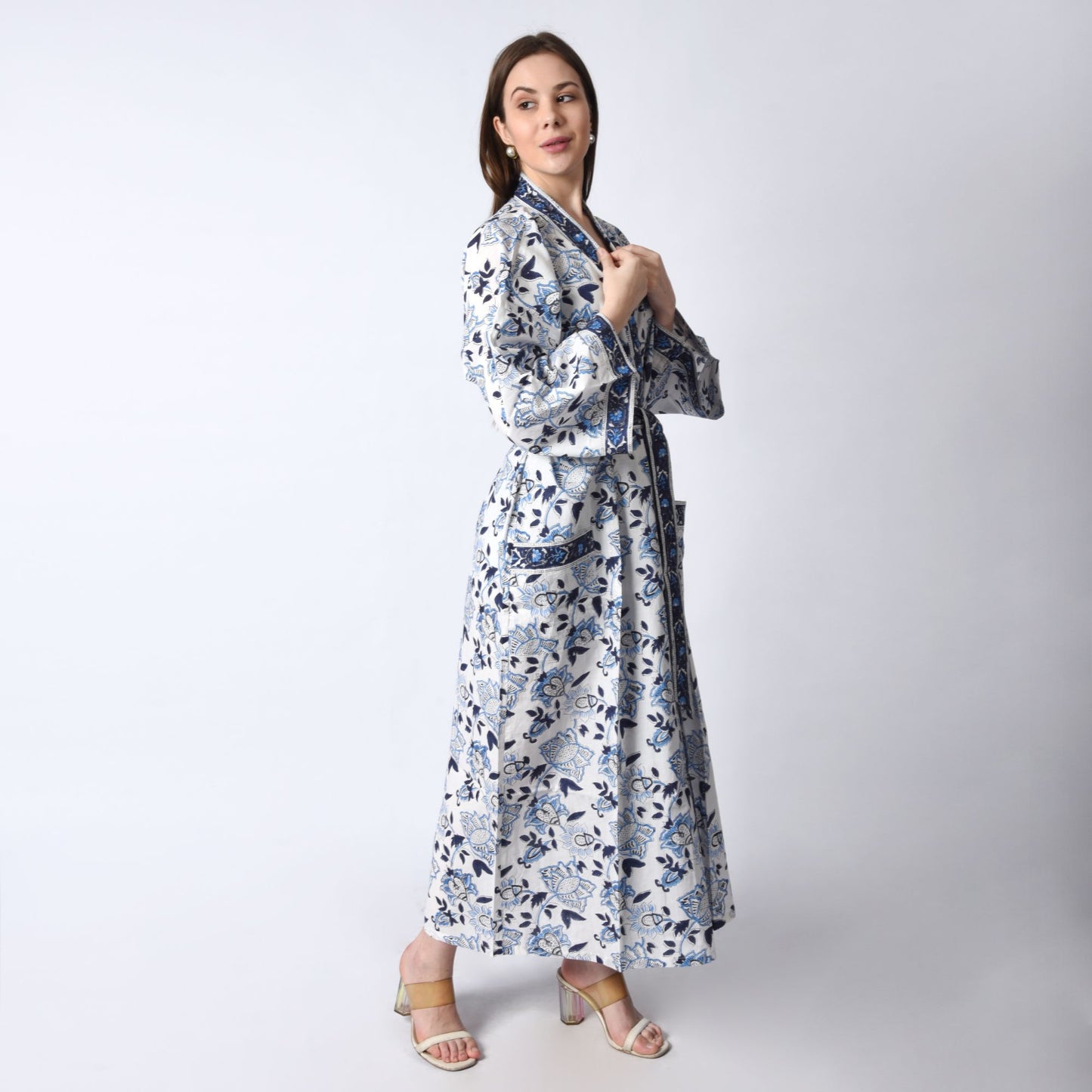 Hand Block Printed Sanganeri Jaipuri Floral Women Casual Kimono Dress Beach wear sleepwear belted dress