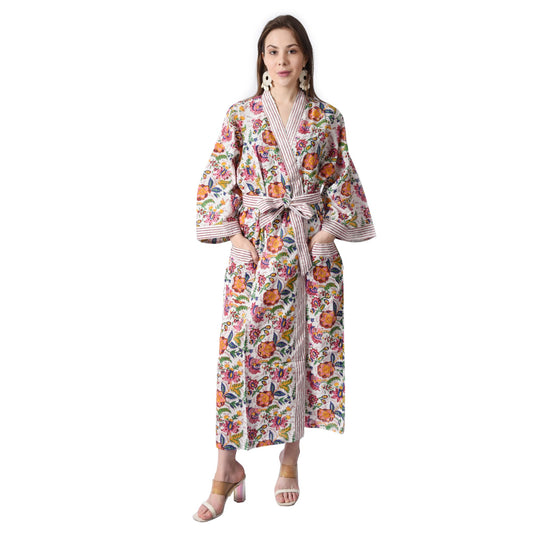 Hand Block Printed Sanganeri Jaipuri Floral Women Casual Kimono Dress Beach wear sleepwear belted dress
