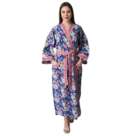 Hand Block Printed Sanganeri Jaipuri Floral Women Casual Kimono Dress Beach wear sleepwear belted dress