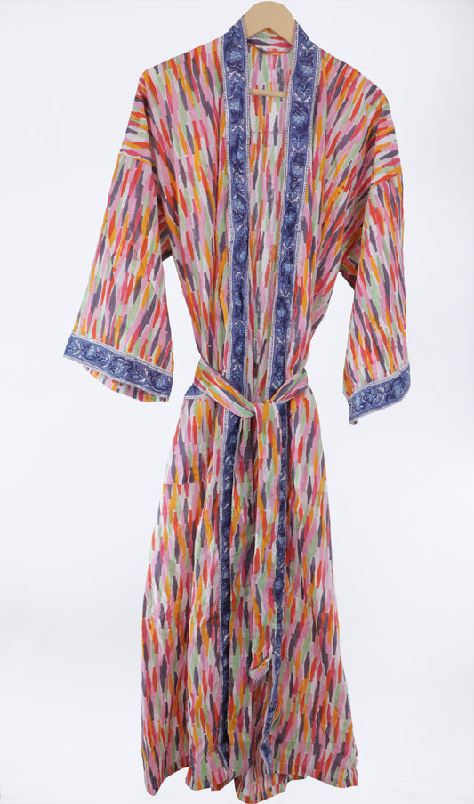 Hand Block Printed Sanganeri Jaipuri Floral Women Casual Kimono Dress Beach wear sleepwear belted dress