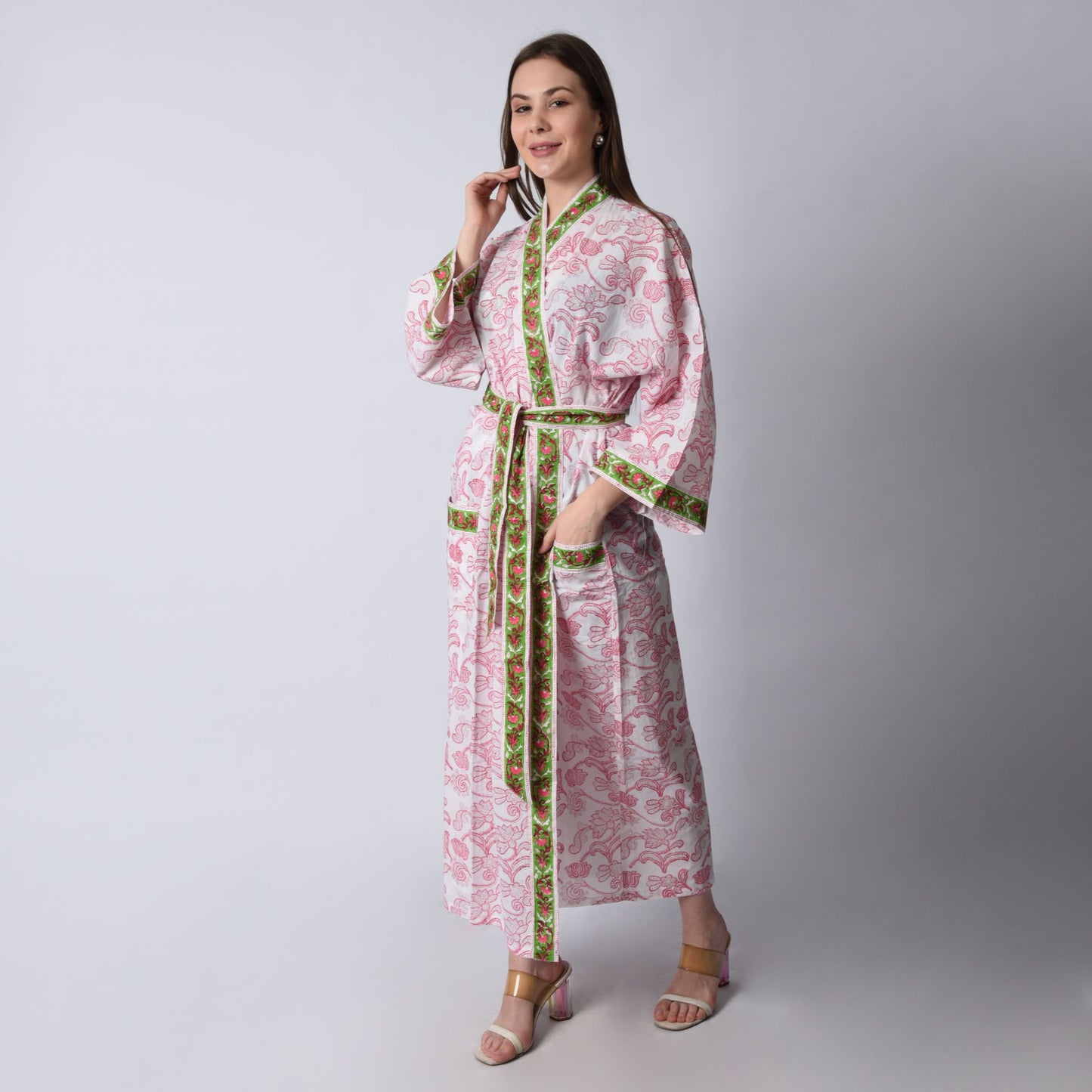 Hand Block Printed Sanganeri Jaipuri Floral Women Casual Kimono Dress Beach wear sleepwear belted dress