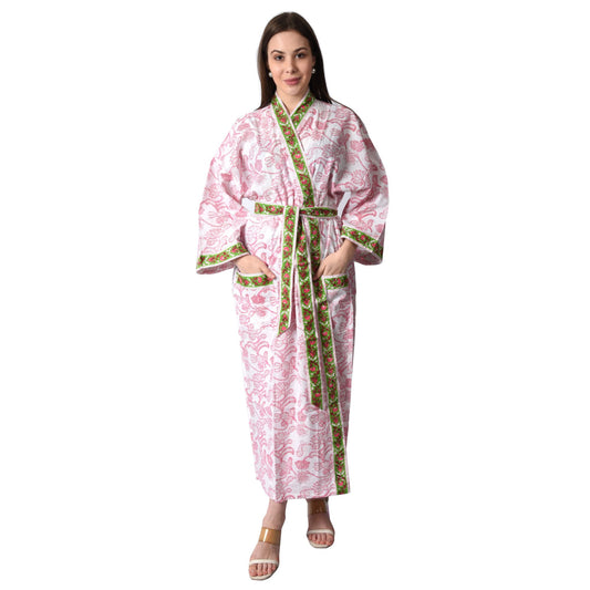 Hand Block Printed Sanganeri Jaipuri Floral Women Casual Kimono Dress Beach wear sleepwear belted dress