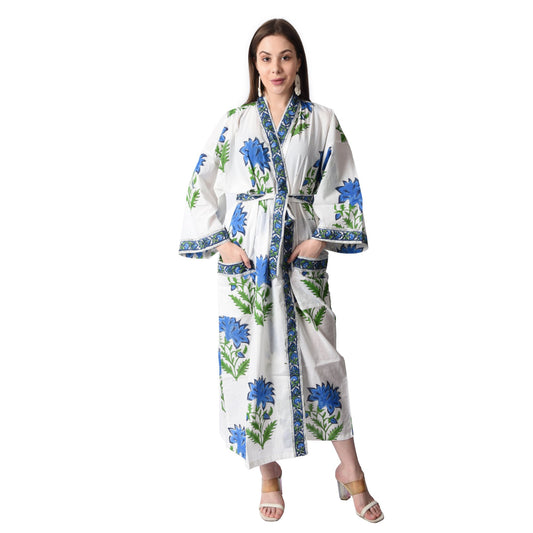 Hand Block Printed Sanganeri Jaipuri Floral Women Casual Kimono Dress Beach wear sleepwear belted dress