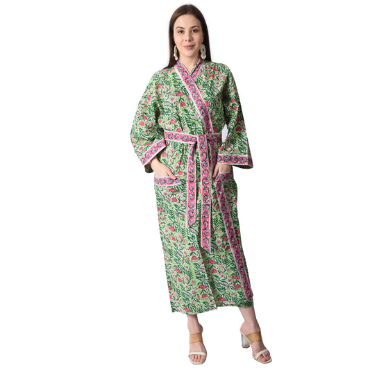 Hand Block Printed Sanganeri Jaipuri Floral Women Casual Kimono Dress Beach wear sleepwear belted dress