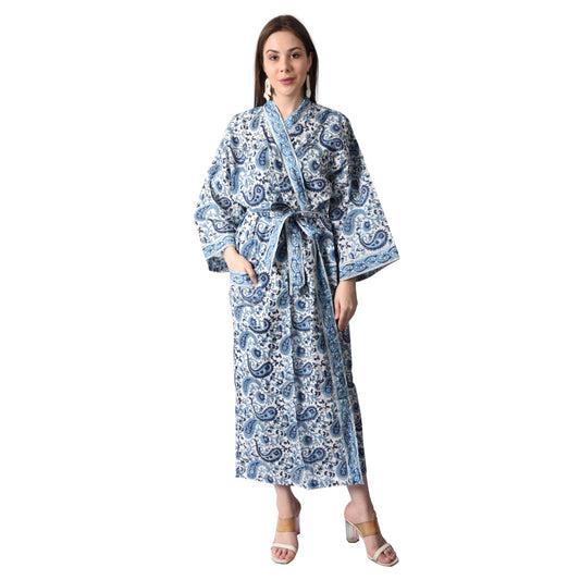 Hand Block Printed Sanganeri Jaipuri Floral Women Casual Kimono Dress Beach wear sleepwear belted dress