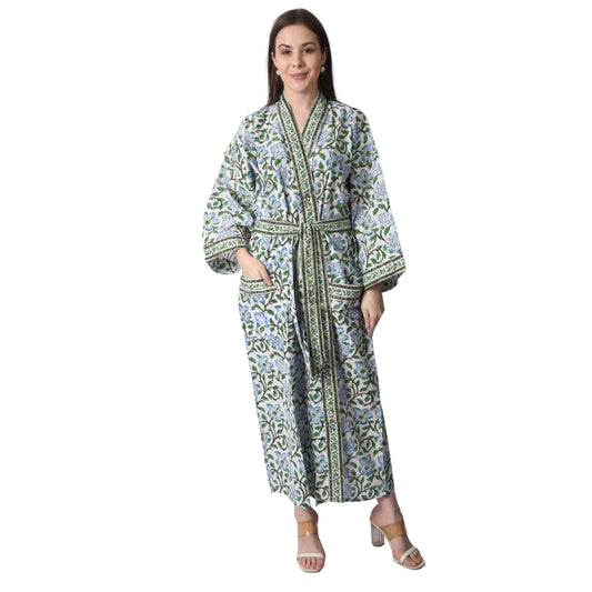 Hand Block Printed Sanganeri Jaipuri Floral Women Casual Kimono Dress Beach wear sleepwear belted dress