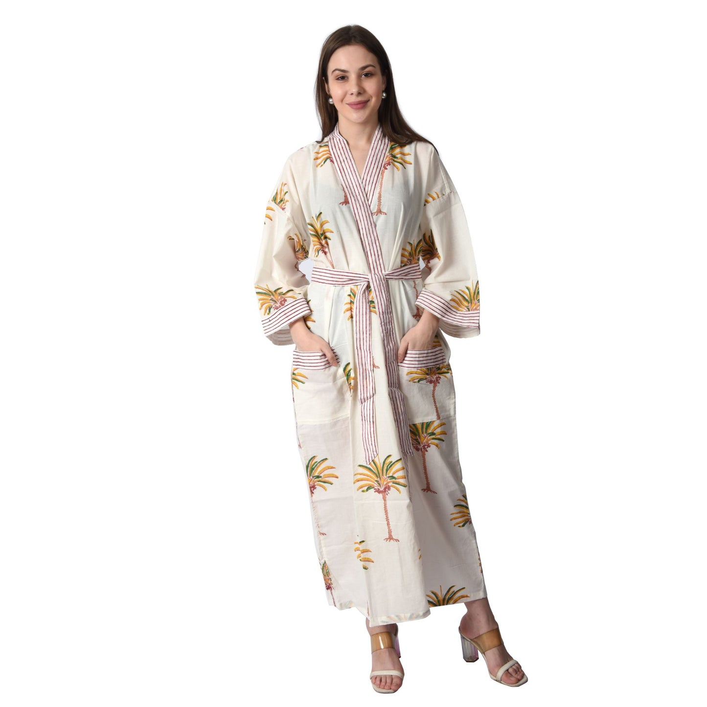 Hand Block Printed Sanganeri Jaipuri Floral Women Casual Kimono Dress Beach wear sleepwear belted dress