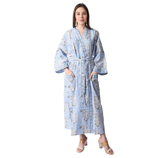 Hand Block Printed Sanganeri Jaipuri Floral Women Casual Kimono Dress Beach wear sleepwear belted dress