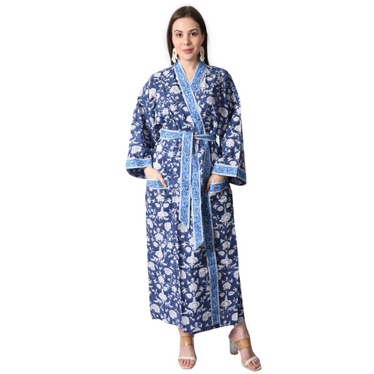 Hand Block Printed Sanganeri Jaipuri Floral Women Casual Kimono Dress Beach wear sleepwear belted dress