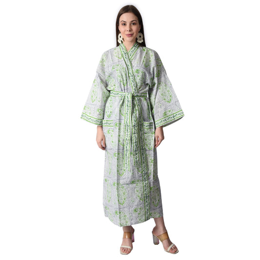 Hand Block Printed Sanganeri Jaipuri Floral Women Casual Kimono Dress Beach wear sleepwear belted dress