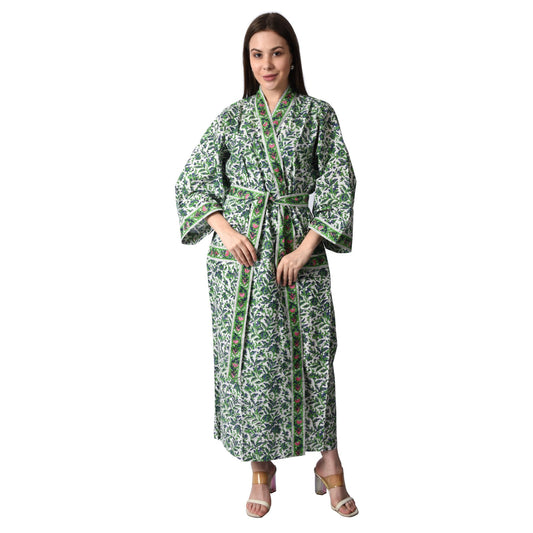 Hand Block Printed Sanganeri Jaipuri Floral Women Casual Kimono Dress Beach wear sleepwear belted dress