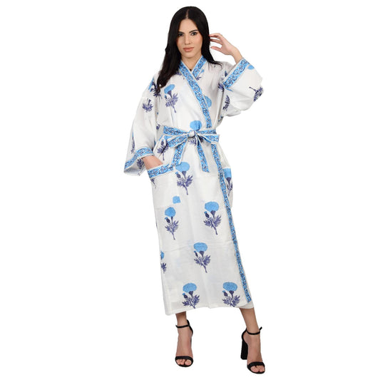 Hand Block Printed Sanganeri Jaipuri Floral Women Casual Kimono Dress Beach wear sleepwear belted dress