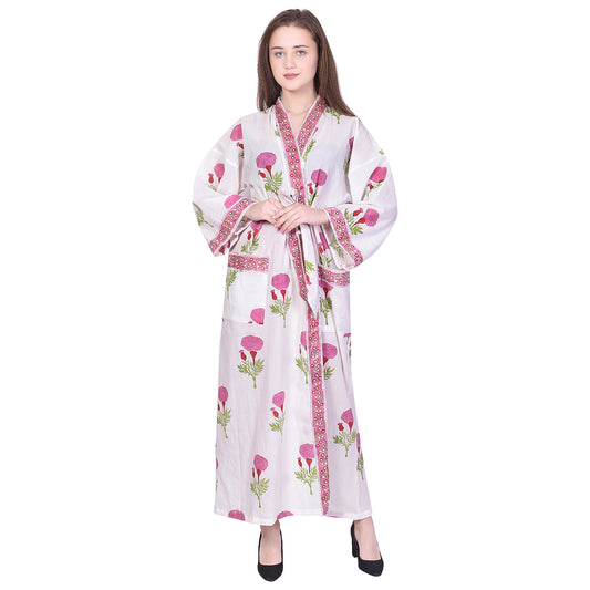 Hand Block Printed Sanganeri Jaipuri Floral Women Casual Kimono Dress Beach wear sleepwear belted dress