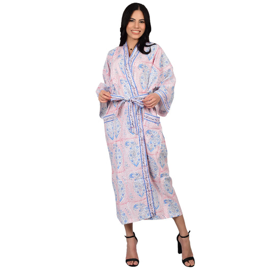 Hand Block Printed Sanganeri Jaipuri Floral Women Casual Kimono Dress Beach wear sleepwear belted dress