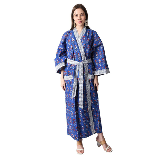 Hand Block Printed Sanganeri Jaipuri Floral Women Casual Kimono Dress Beach wear sleepwear belted dress