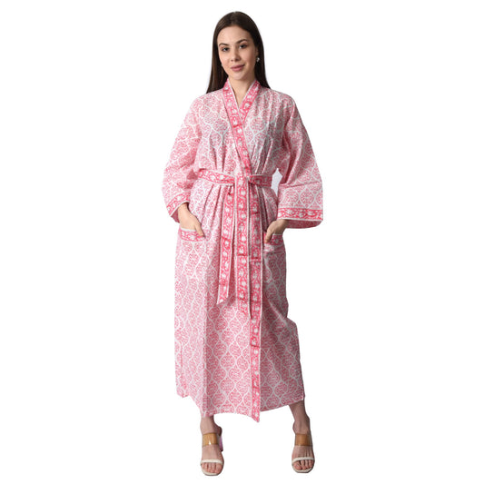 Hand Block Printed Sanganeri Jaipuri Floral Women Casual Kimono Dress Beach wear sleepwear belted dress