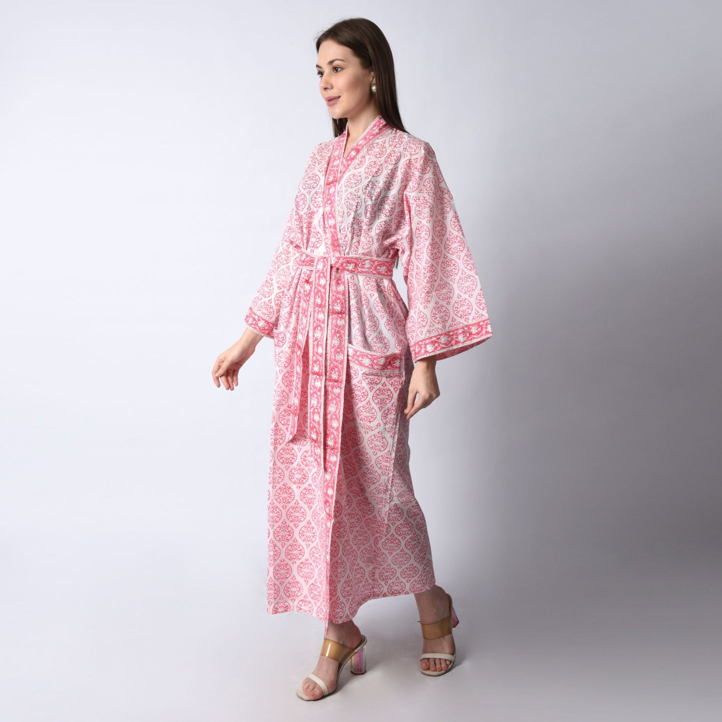 Hand Block Printed Sanganeri Jaipuri Floral Women Casual Kimono Dress Beach wear sleepwear belted dress