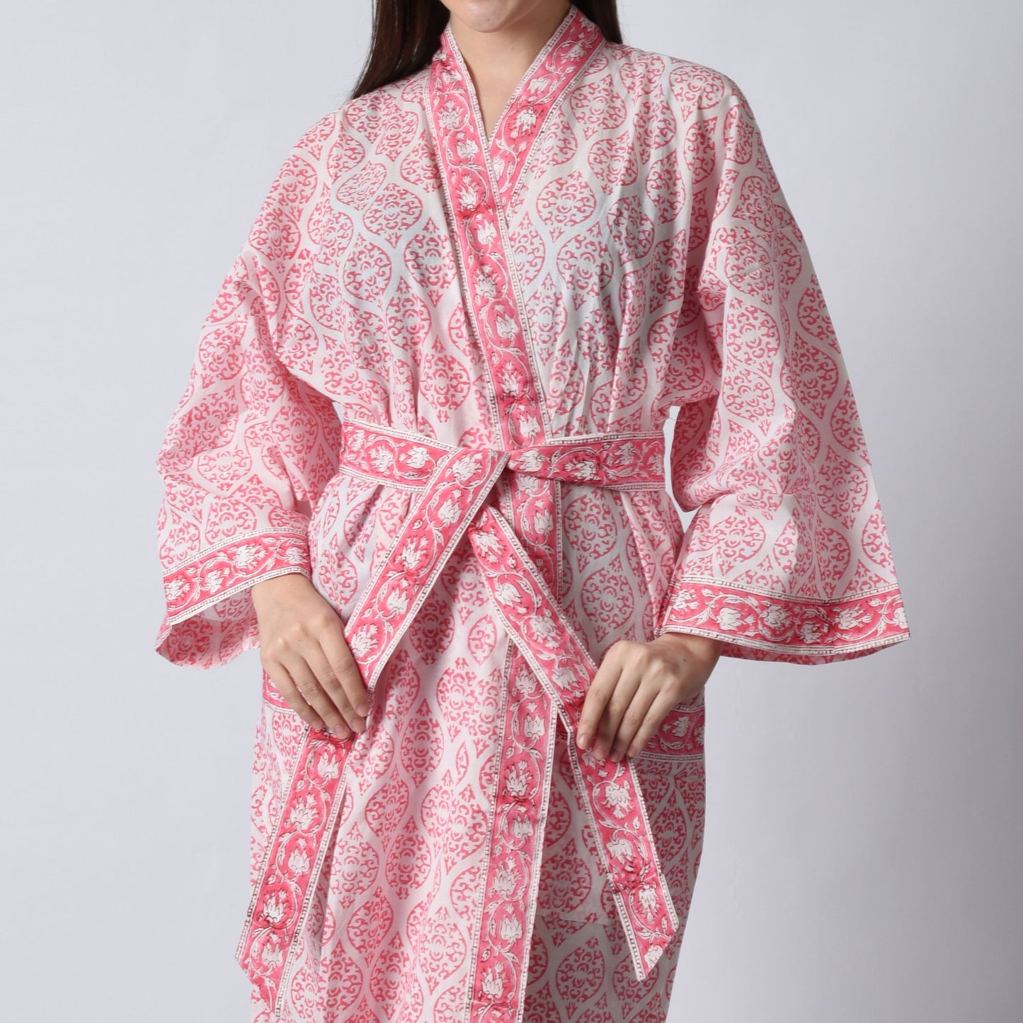 Hand Block Printed Sanganeri Jaipuri Floral Women Casual Kimono Dress Beach wear sleepwear belted dress