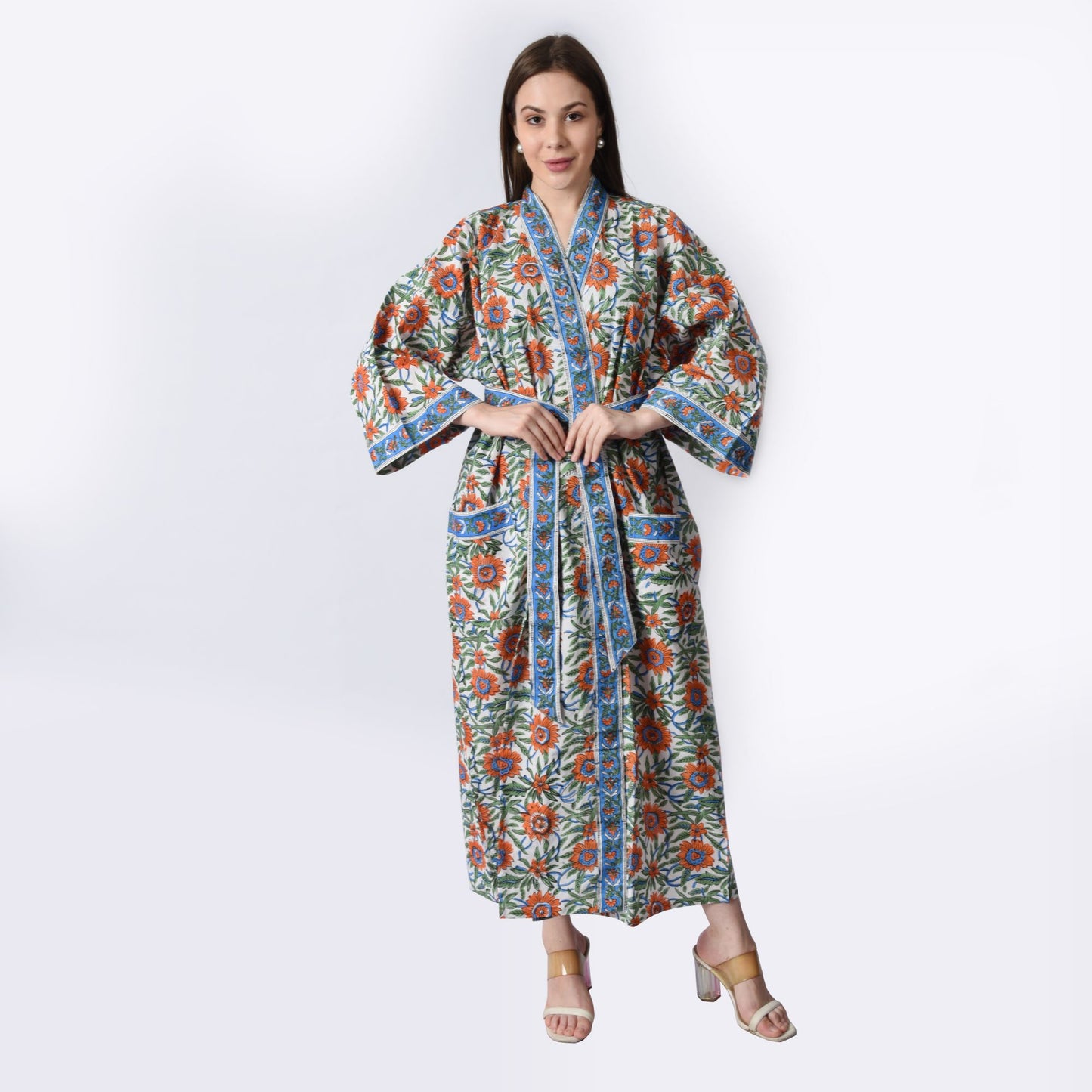 Hand Block Printed Sanganeri Jaipuri Floral Women Casual Kimono Dress Beach wear sleepwear belted dress