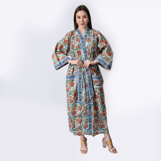 Hand Block Printed Sanganeri Jaipuri Floral Women Casual Kimono Dress Beach wear sleepwear belted dress